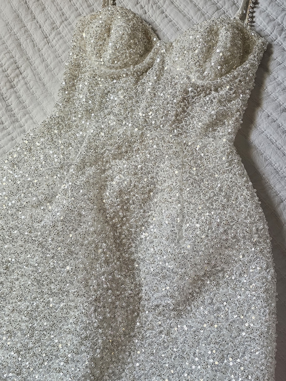 NADINE MERABI White Beaded Strapless-Inspired Corset Dress with Spaghetti Straps - Picture 2 of 8